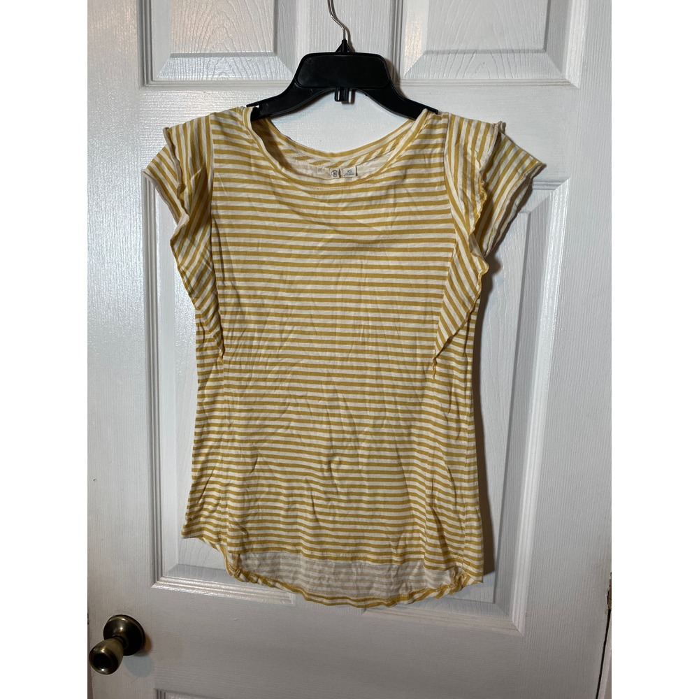 Cato Mustard Yellow White Striped Ruffle Flutter Sleeve Top XS Scoop Neck Blouse